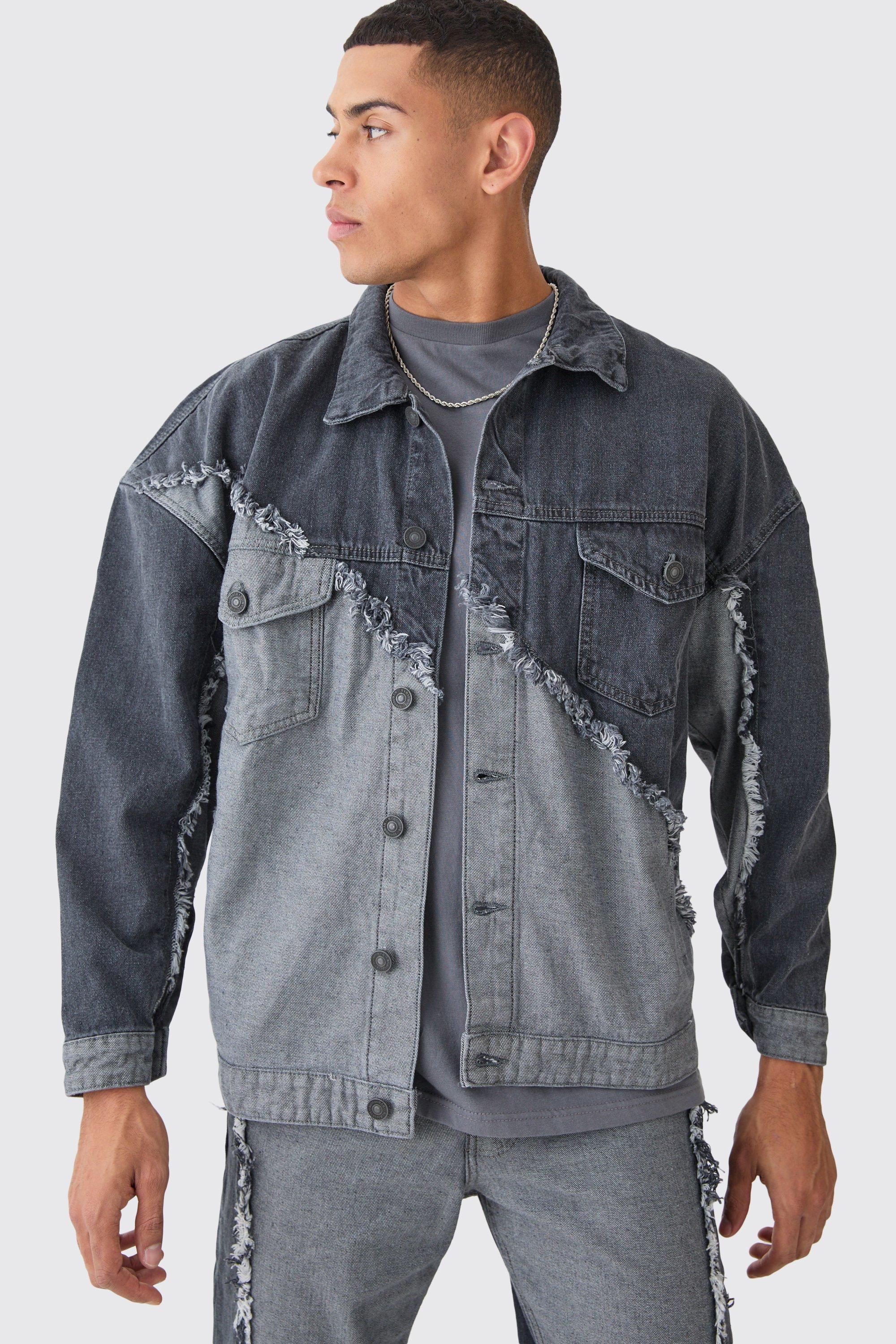 Men's Oversized Denim Hooded Badge Varsity Jacket | Boohoo UK